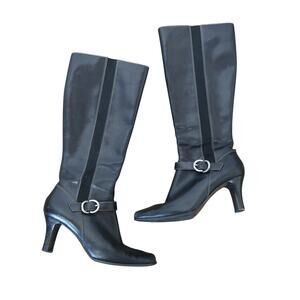 Vintage 90s Anne Klein Black Leather Knee High Heeled Boots 6